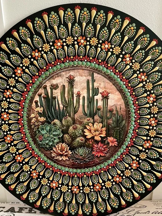 Hand painted 16 inch wood round with Desert Succulent Wall Décor Green & Orange