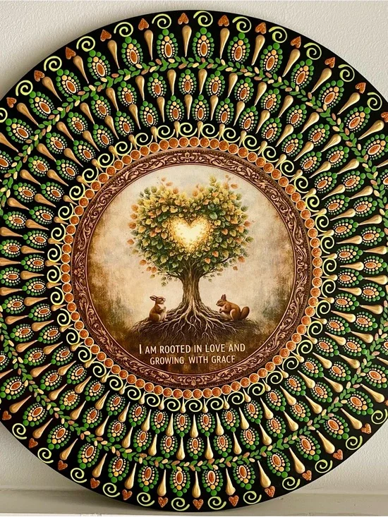Hand painted Heart Tree Mandala Wall Art - Green & Brown on 16 inch wood round