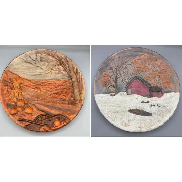 Vtg 2 Pc‎ Byron Mold Seasons Fall Hand Painted 3D Autumn Winter Scene Wall Decor