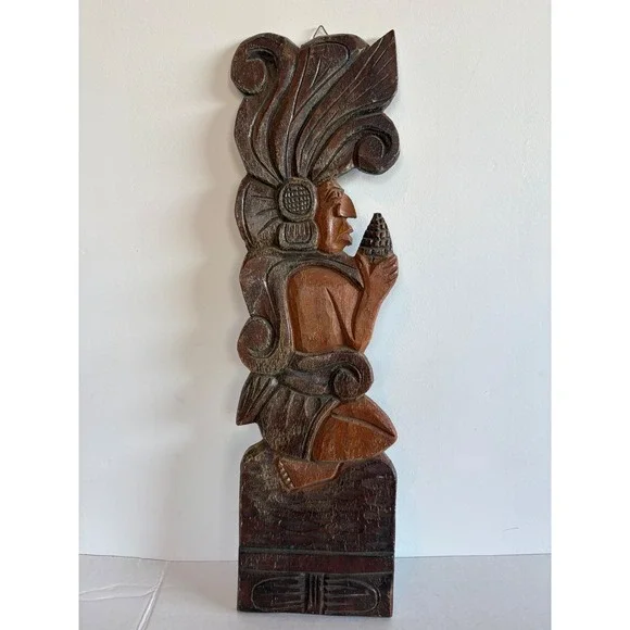 Vintage Mayan Aztec Hand Carved Wood Wall Plaque Folk Art Figure 21 Inch