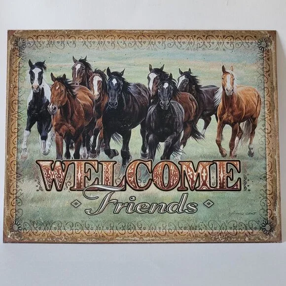 Running Horses Rustic Metal Tin Sign Welcome Friends Western Decor 16