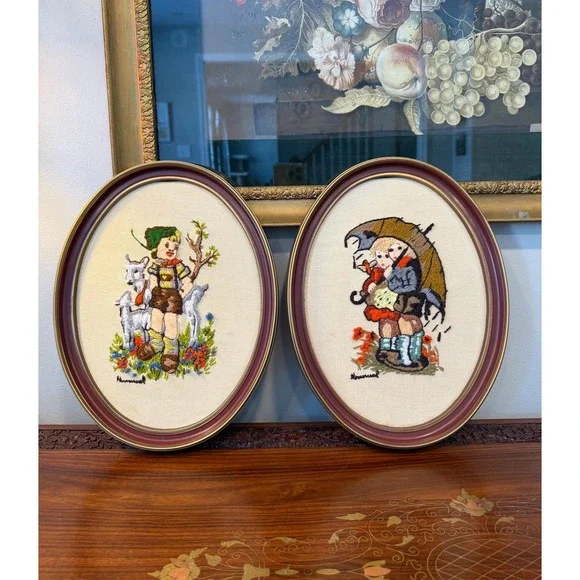 Vintage Hummel Embroidered Wall‎ Art Pair – Framed Oval Needlework (13x10)