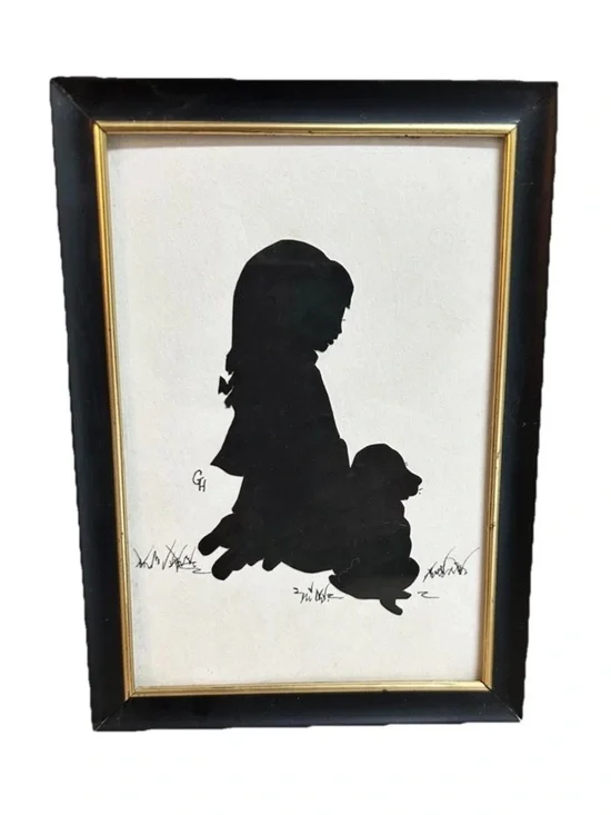 Silhouette Hand Cut Signed Girl Child With Dog Vintage Framed 5x7
