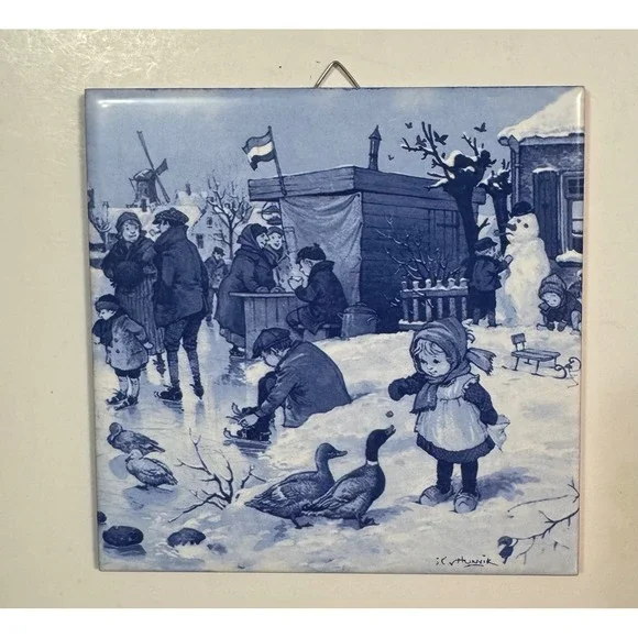 JC van Hunnik Dutch Winter Village Scene Blue White Ceramic Wall Tile 6x6 1996