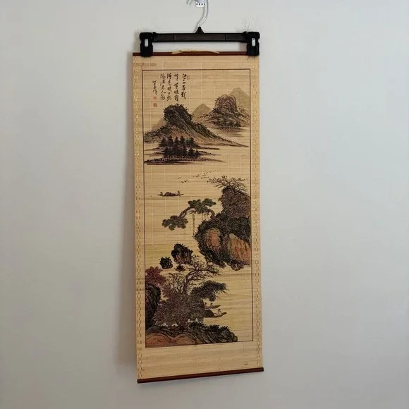Vintage 1980 Asian Bamboo Hanging Scroll Wall Art 32 X 12.5 In Nature Chinese