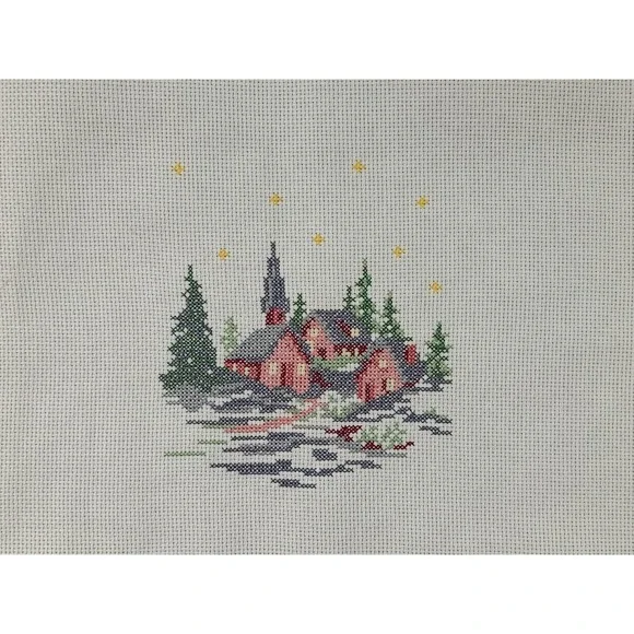 Handmade Needlepoint‎ Christmas Village Scene Wall Art Decor 15