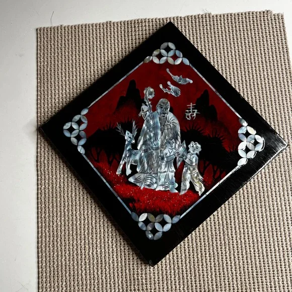 Vintage Asian Lacquer Mother of Pearl Inlay Wall Plaque Red Black Shell Art 8x8
