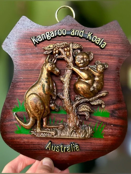 Australia Souvenir Wall Plaque with Brassy  Kangaroo and Koala Figures on Wood