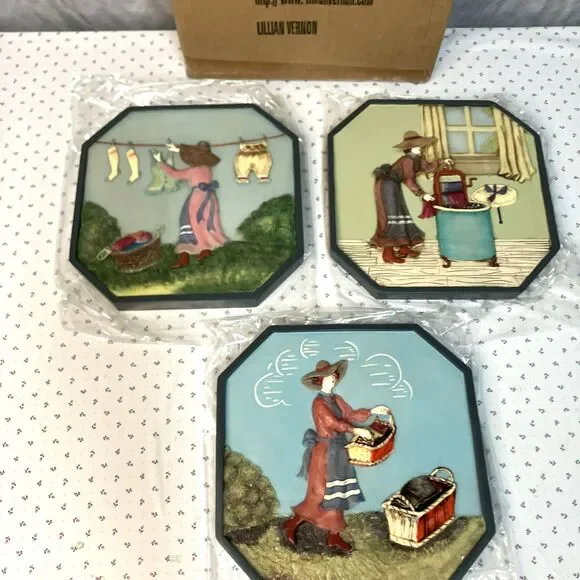 New Set of 3 Lillian Vernon Resin Laundry Plaques Wall Art 3D Raised Design