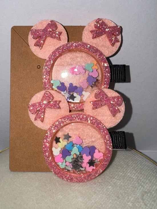 Kids Pink Glitter Mouse Ear Hair Clips - Sparkle Bow Shaker Set