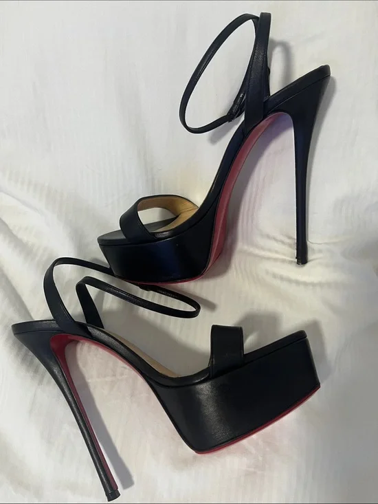 CHRISTIAN LOUBOUTIN LOUBI QUEEN ALTA BLACK LEATHER PLATFORM STILETTOS SZ 39