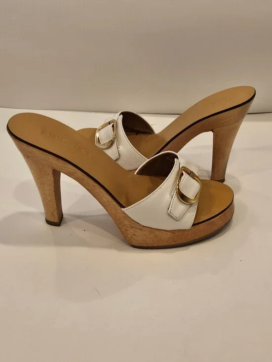 Y2K Nine West Vintage White Leather Wooden Platform Heels 6