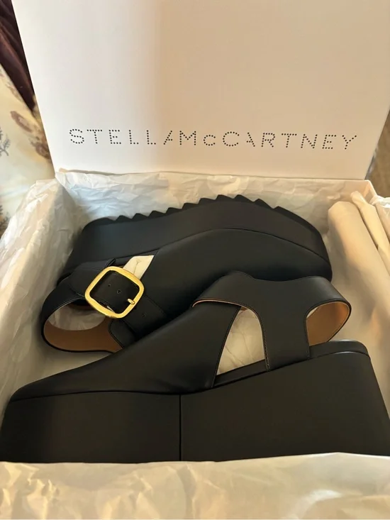 Stella McCartney Black Platform Sandals with Gold Buckle Accent