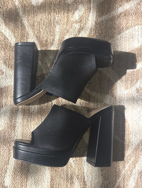 Black Platform Block Heel Slide Sandals