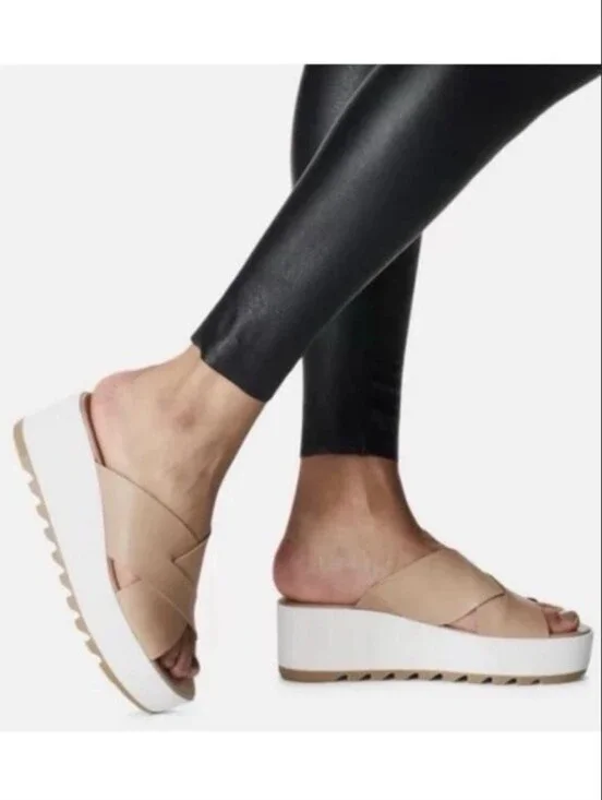 ​Sorel Cameron Flatform Sandal Honest Beige Leather Crossover Slide Size 8.5