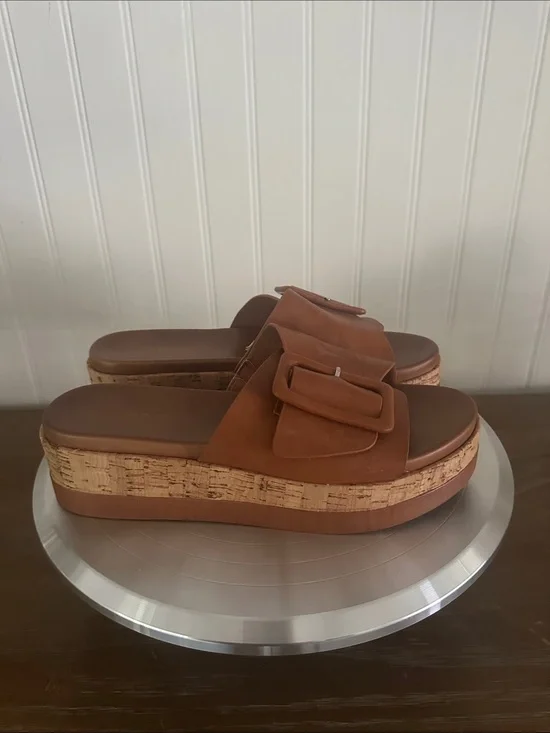 Bamboo Synthetic Leather Cork Platform Slide Sandals sz 7