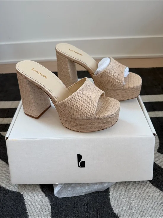 Larroude Natural Beige Woven Platform Mules