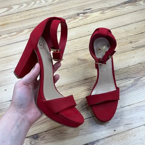 Dream Pairs Red Faux Suede Platform Block Heel Sandals Ankle Strap Size 8 4inch