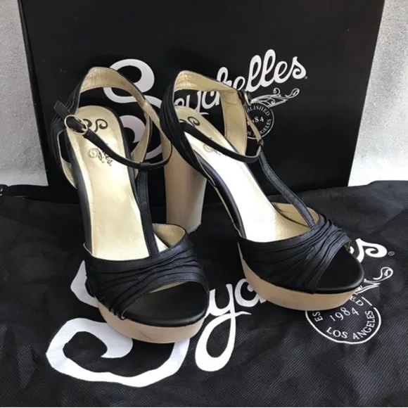 Seychelles Leather Sandals  5 inch Heels Size 8.5 Black Platform High Heel New