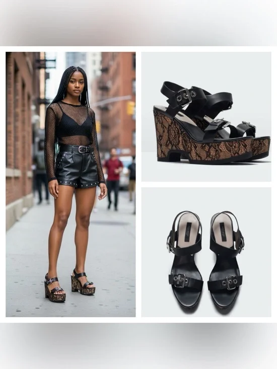 Zara Black  Lace-Print Wedge Sandals - Women's Platform Heels size 36 US 5.5