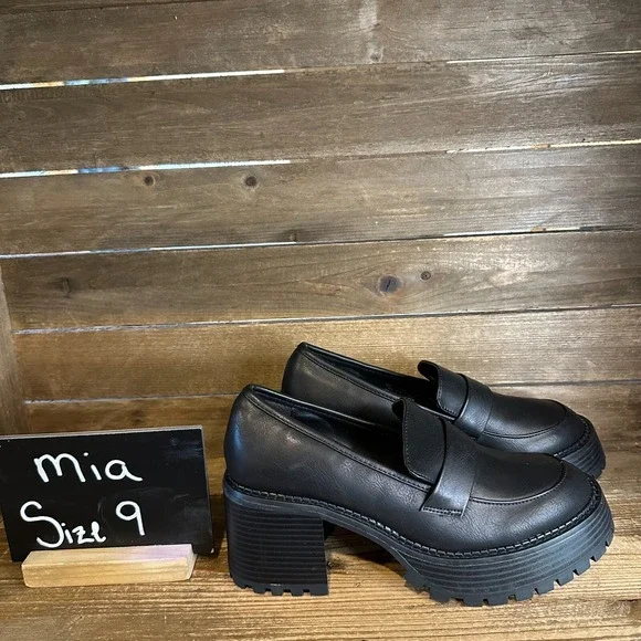 New Womens Mia Dalilah Black Faux Leather Platform Heeled Penny Loafers Size 9 M