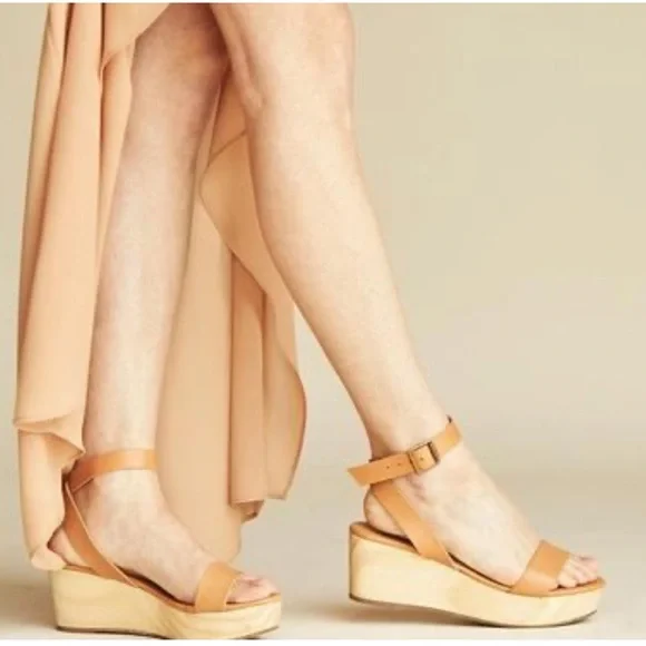 Nisolo Tan Leather Platform Wedge Sandals with Ankle Buckle