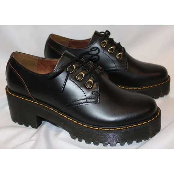 Dr‎ Martens Women LEONA Low Black Platform Shoes Oxford Size