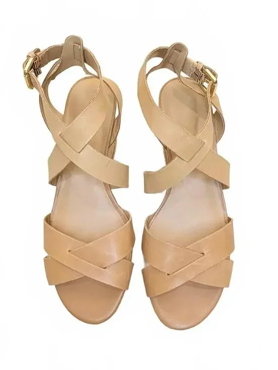 FRANCO SARTO Sophie Tan Leather Platform Wedge Sandals Ankle Strap 8.5‎