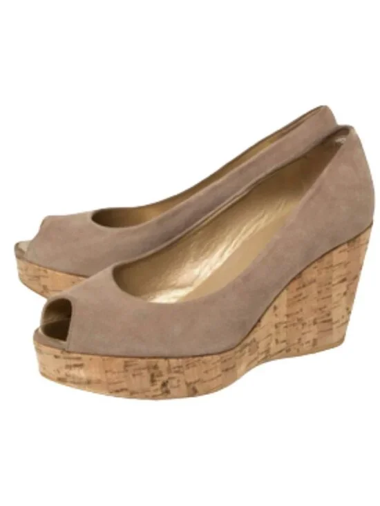Stuart Weitzman Anna Wedge Peep Toe Designer Shoes Women Sz 8‎ Tan Suede Luxury