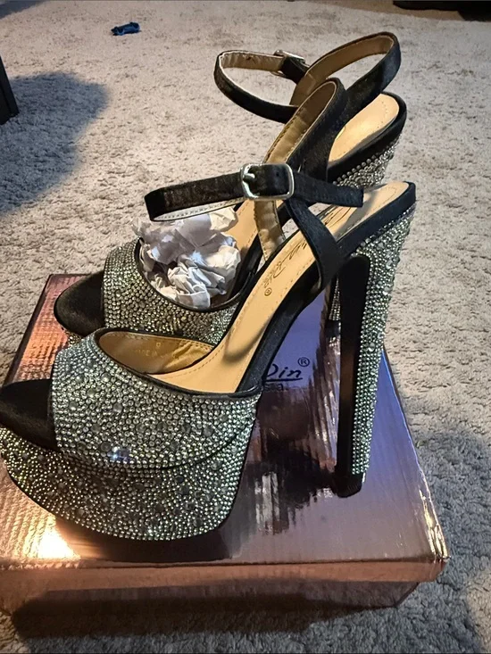 Crystal Platform Stiletto Heels with Ankle Strap - Black