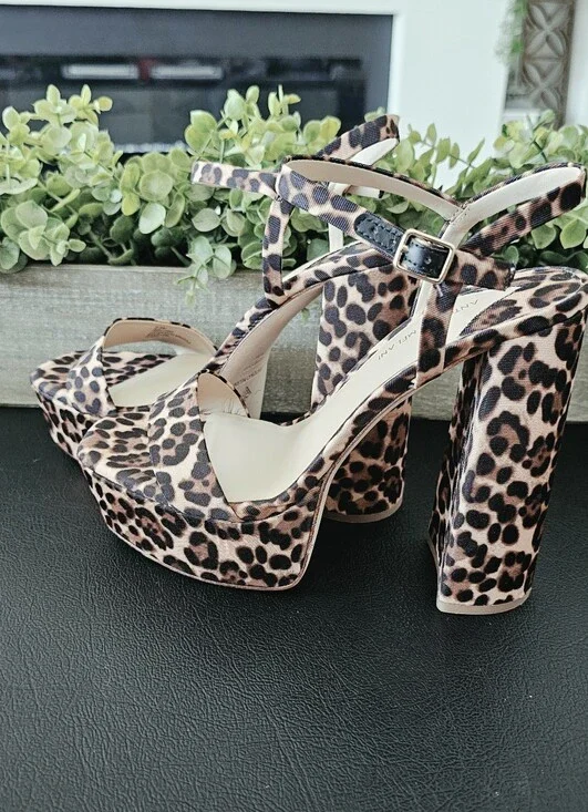 ANTONIO MELANI Leopard Platform Block Heel Sandal Shoes Tan/Black Women's Sz 9.5