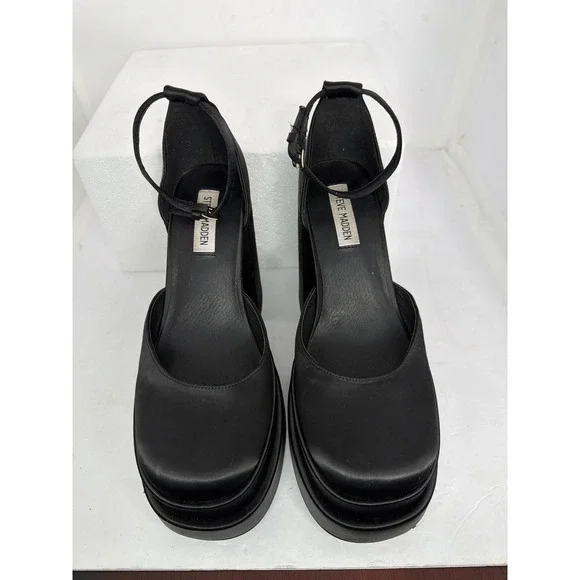 Steve Madden Charlize Black Satin Double Platform Heel size Ankle Strap Pumps 8