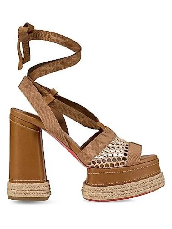 Christian Louboutin TOLEDISSIMA Crochet Net Ankle Tie Platform Heels Sandal