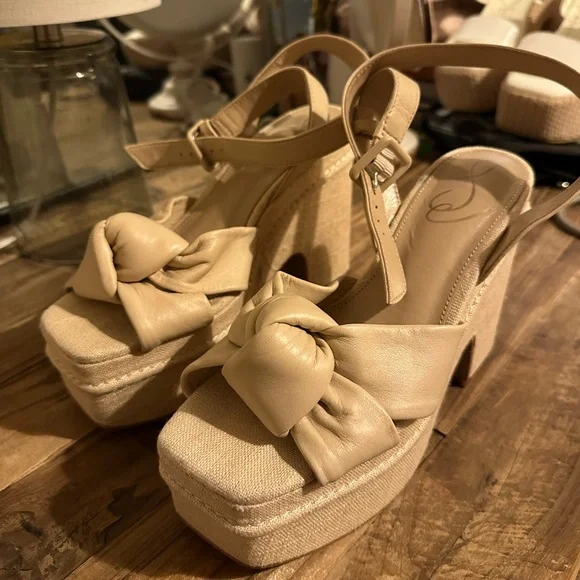 Sam Edelman Beige Knotted Platform Slingback Sandals