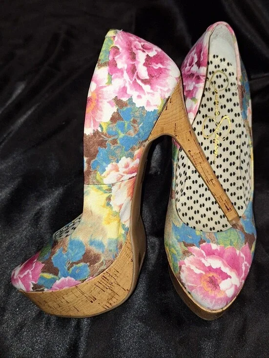 Like New Jessica Simpson Heels~Waleo~Floral Cork Platform Pumps~Pink~Size 9