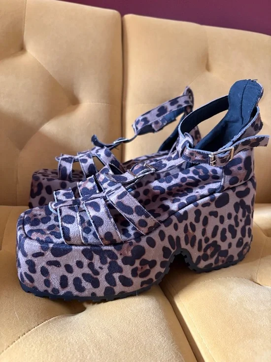 Dolls Kill Leopard Print Platform Sandals - Tan and Black