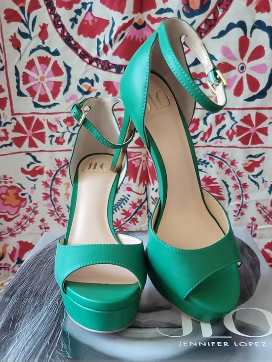 Jennifer Lopez Idolina Emerald Green Ankle-Strap Platform Heels