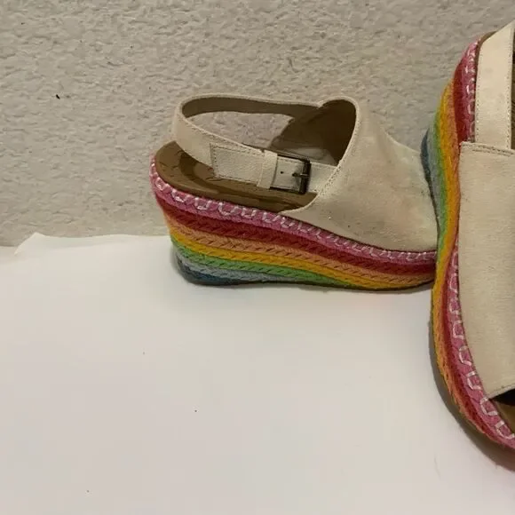 SKECHERS BRIT RAINBOW JUTE WEDGE ESPRADILLE SLING SHOES WOMENS 8 BEIGE RAINBOW