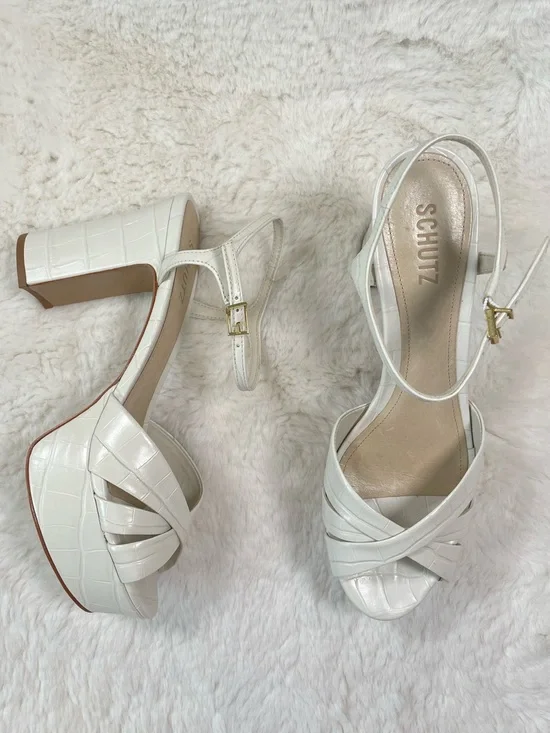 SCHUTZ White/ivory Croc-Effect Platform Heels with Ankle Strap, very Comfortable