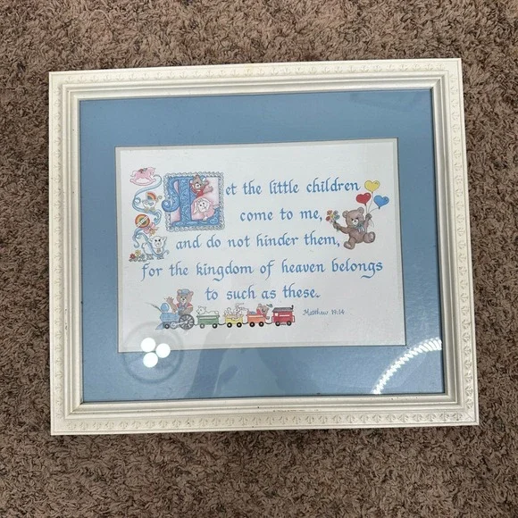 Framed Matthew 19:14 Bible Verse Nursery Wall Art Teddy Bear Train Blue Cream