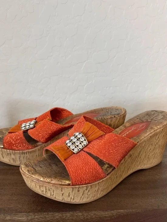 Vintage Degario Women's Orange Platform Wedge Slides with Rhinestone 8.5 USA