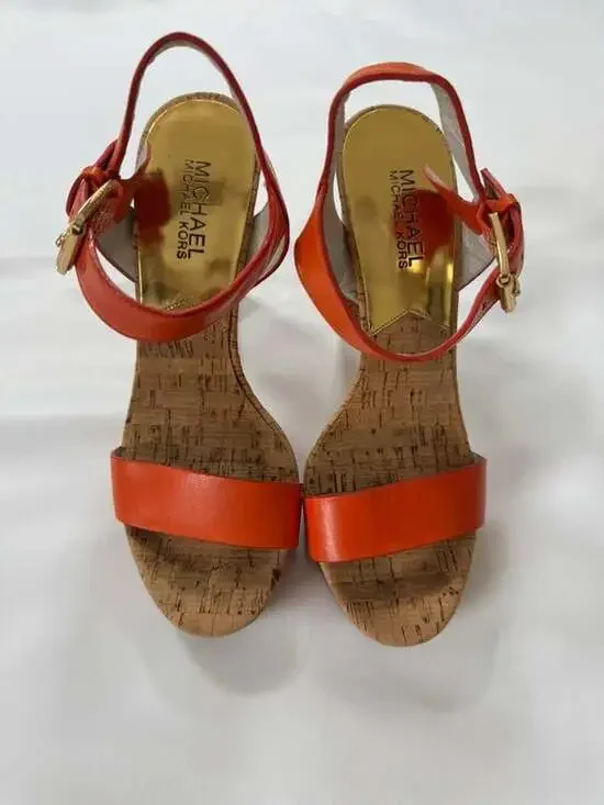 Michael Kors US 7.5M Persimmon Leather Cork Platform High Heel Sandals Shoes