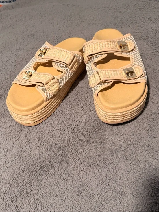 Project cloud Neutral Beige Woven Platform Slide Sandals