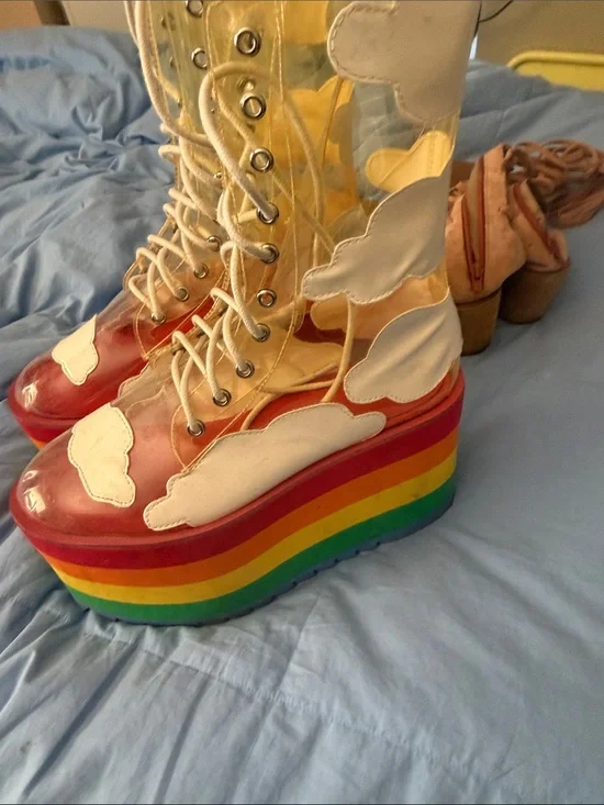 Current Mood White Cloud Lace-Up Platform Boots with Rainbow Soles