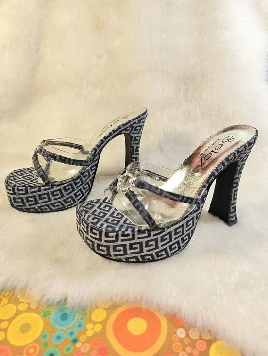 Selex Womens Navy & Siver Platform Mule Slide Sandals