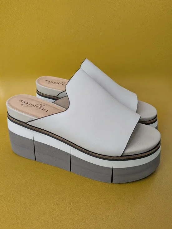Naked Feet Flow Platform Wedge White Leather Sandals Size 7