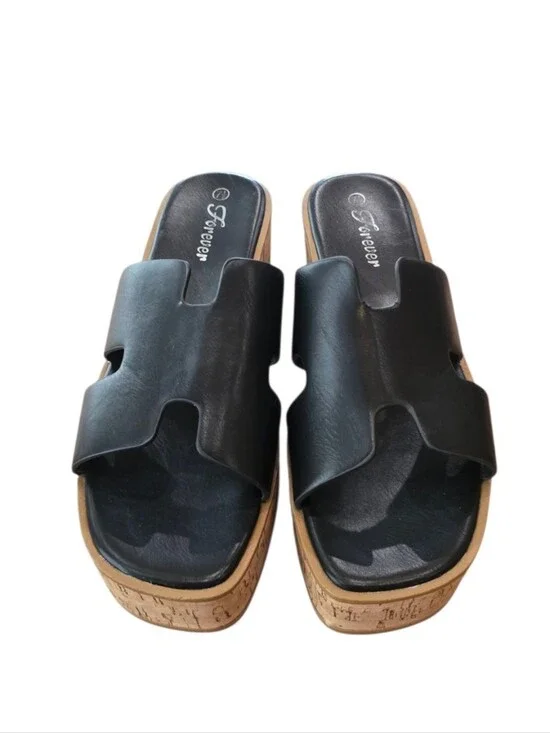 Forever 21 Black Faux Leather Platform Wedge Sandals 7.5
