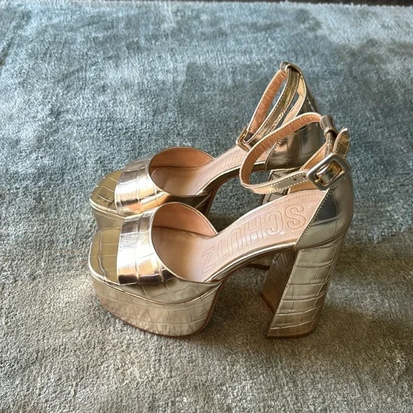 SCHUTZ Metallic Gold Croc-Embossed Platform Sandals