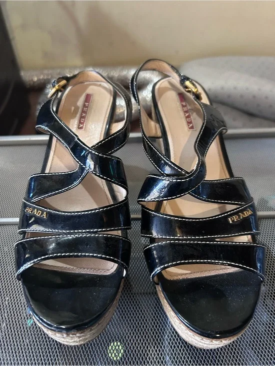 Prada Black Patent Leather Crisscross Platform Sandals