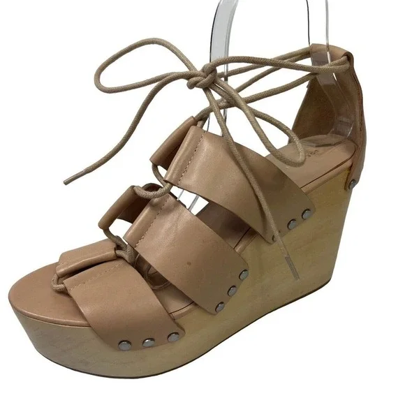 Loeffler Randall Ines Nude Lace Up Platform Wood Heel Sandals 9 Gladiator